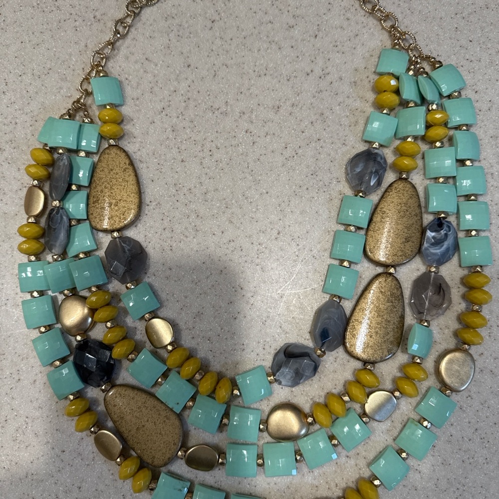 Statement Layered Beaded Necklace Turquoise Gold Multi Strand Boutique Style